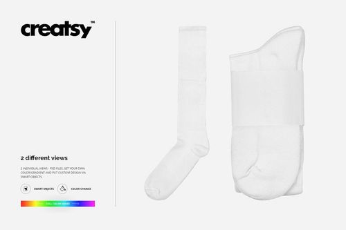 Knee high socks mockup set showing two plain white socks, one upright and one folded, on a white background.