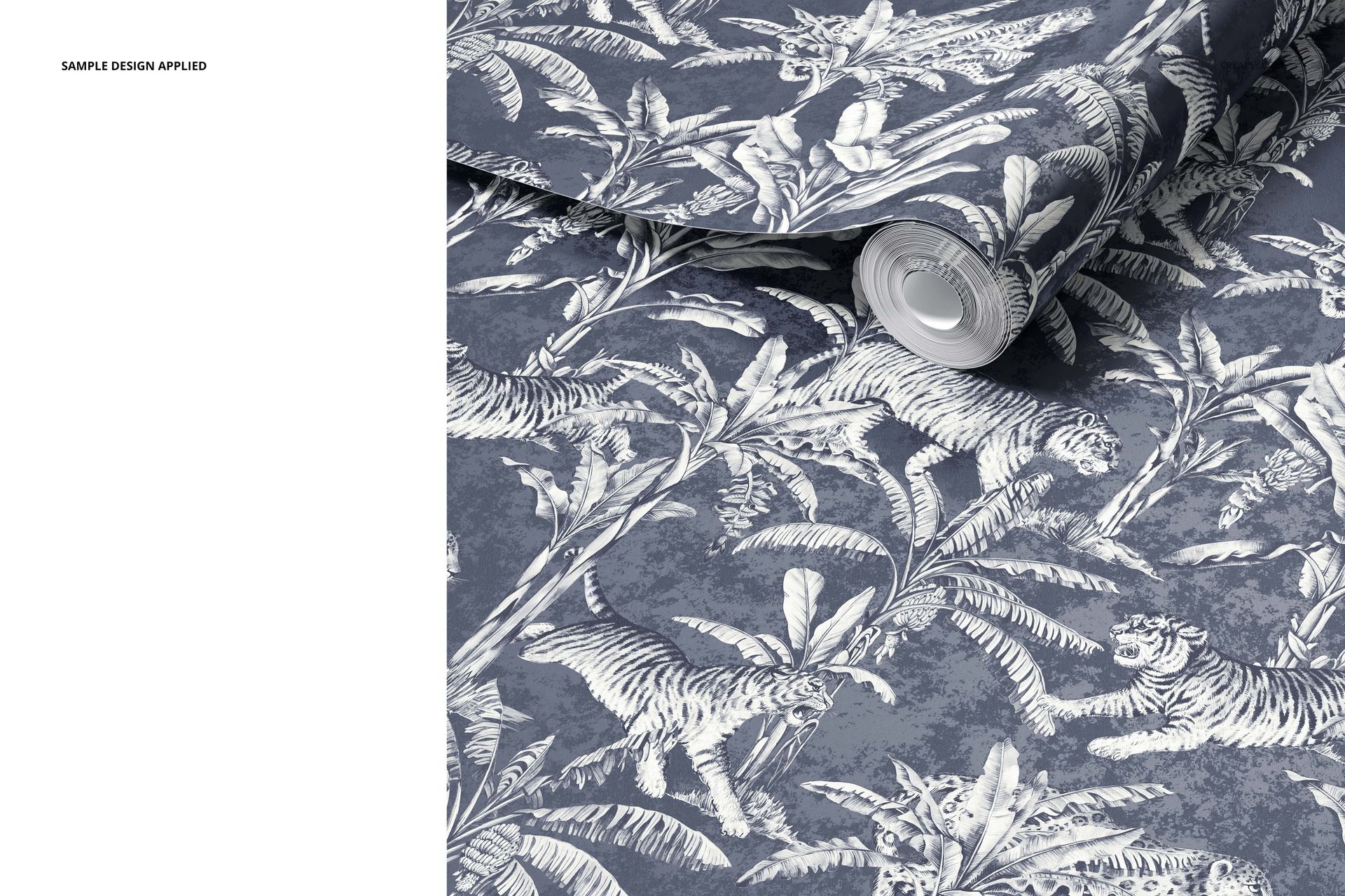 Close-up of a paper wallpaper mockup with intricate botanical and tiger design in shades of gray and white.