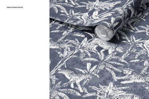Close-up of a paper wallpaper mockup with intricate botanical and tiger design in shades of gray and white.
