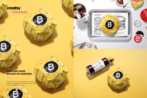 Burger wrapped in yellow food safe paper with black and white logo, shown in various mockup scenes on a yellow surface.