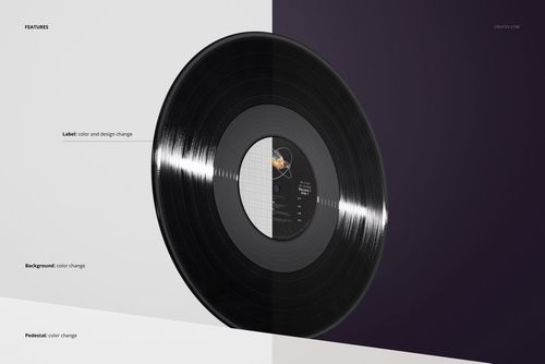 Black vinyl record mockup standing vertically on a pedestal, with contrasting split background and visible label.