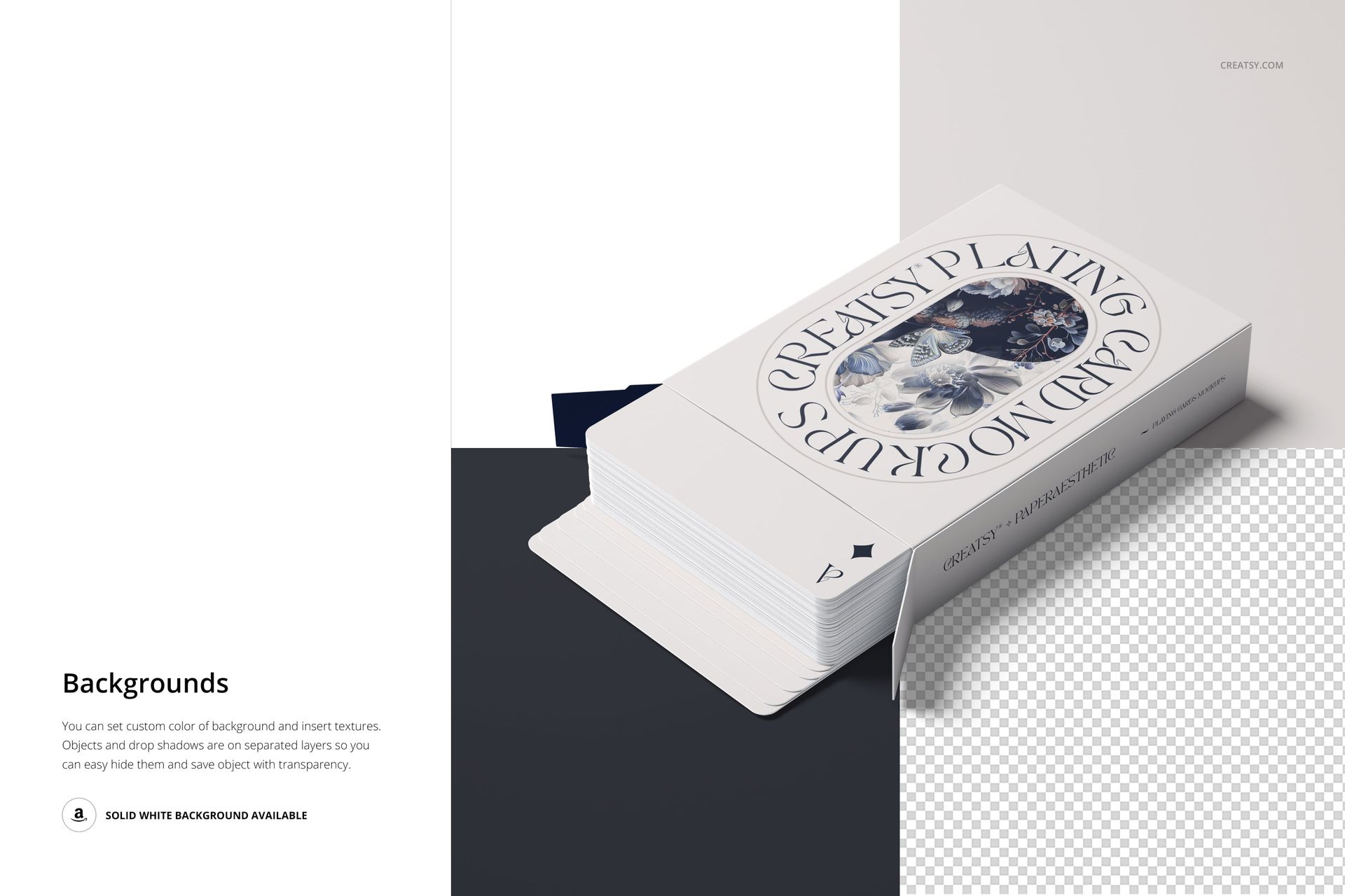 Front view of a rectangular playing cards box mockup with a custom design, placed on a white and dark surface.