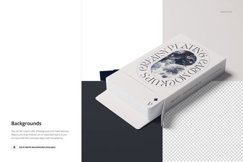 Front view of a rectangular playing cards box mockup with a custom design, placed on a white and dark surface.