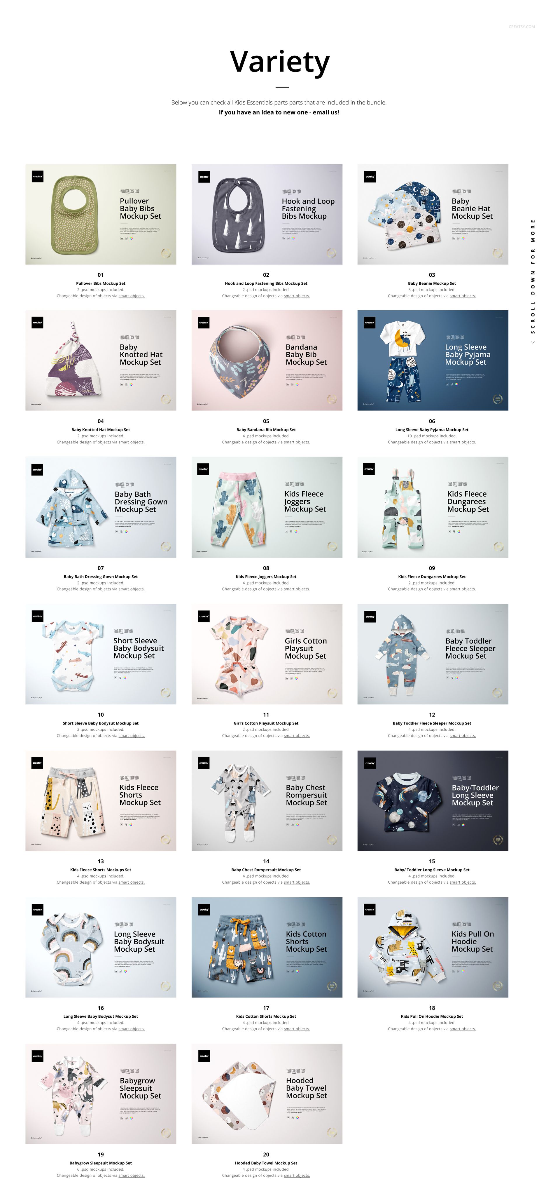 A collection of kids clothing and accessories mockups including bibs, hats, bodysuits, pajamas, and bath textiles on pastel backgrounds.