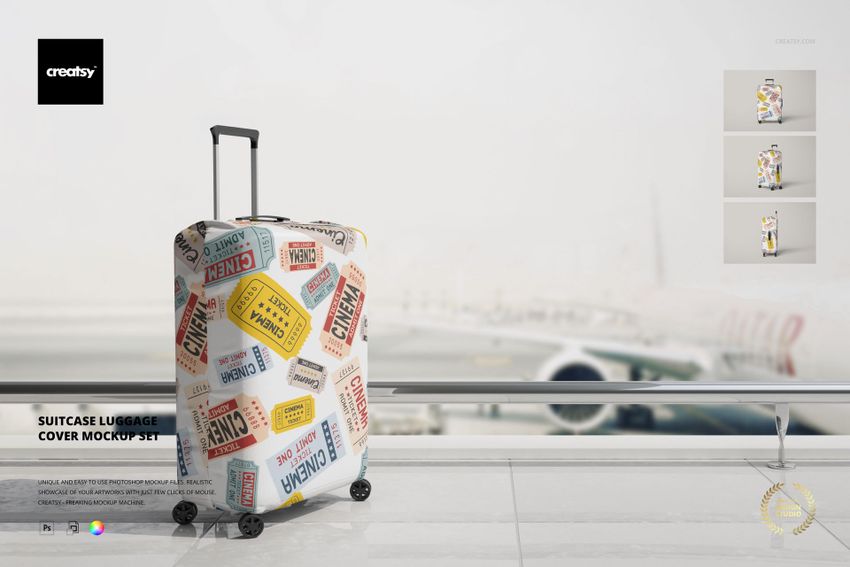 Front view of a suitcase with a colorful luggage cover featuring travel-themed ticket patterns, standing by an airport window.