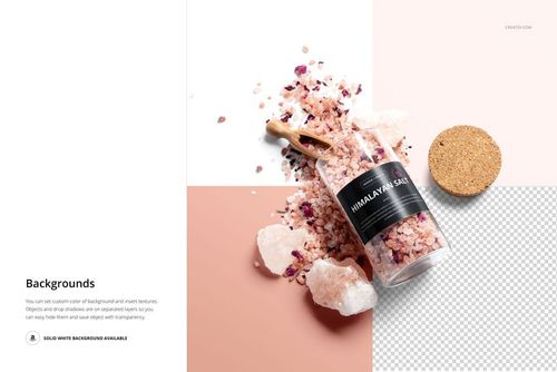 Bath salt PSD mockup featuring a glass jar with cork lid, scattered pink salt crystals, and a wooden scoop on a pastel backdrop.