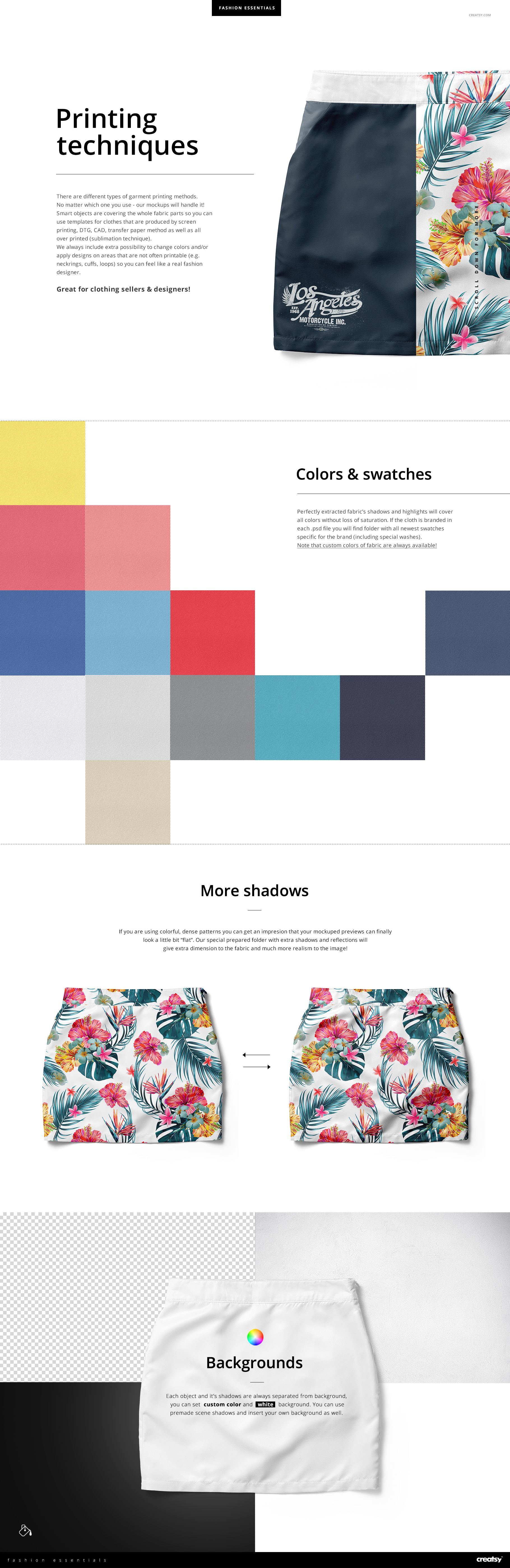 Top view of a women’s polyester skirt mockup with tropical floral and solid color panels, displayed on a white background.