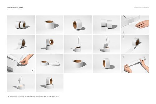 White packing tape mockup set featuring rolls, strips, and hands using tape on packaging, presented on a clean surface.