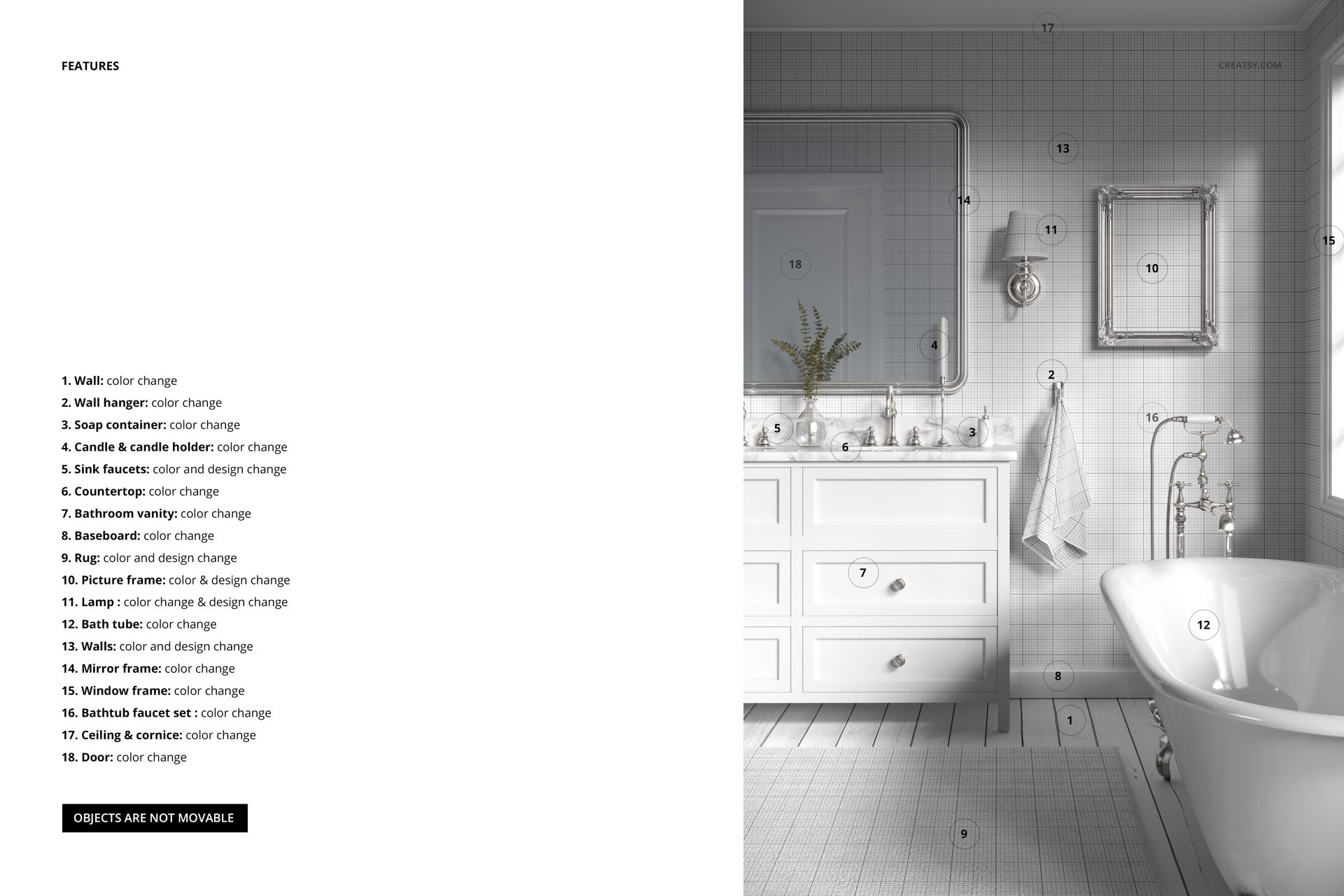 Front view of a vintage bathroom mockup with white furniture, textured tiles, decorative frames, and gentle candlelight.