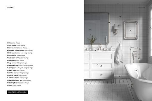 Front view of a vintage bathroom mockup with white furniture, textured tiles, decorative frames, and gentle candlelight.