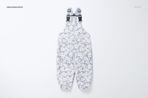 Kids rainwear mockup featuring overalls with adjustable black straps and a soft blue and white flower design.