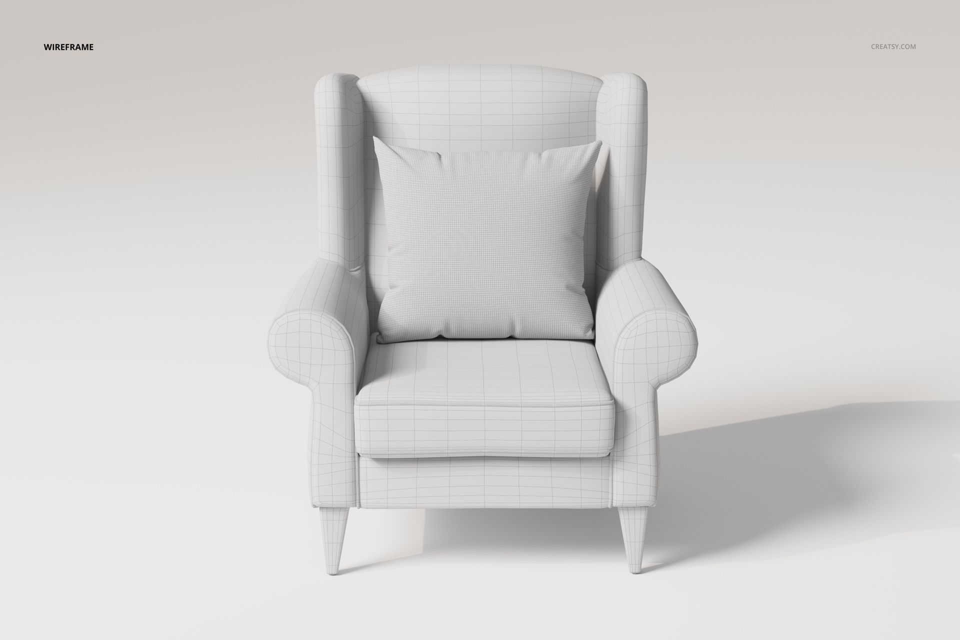 Front view of a wingback chair 3D model in a wireframe style, featuring a boxy cushion and neutral background.