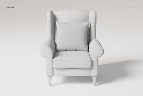 Front view of a wingback chair 3D model in a wireframe style, featuring a boxy cushion and neutral background.