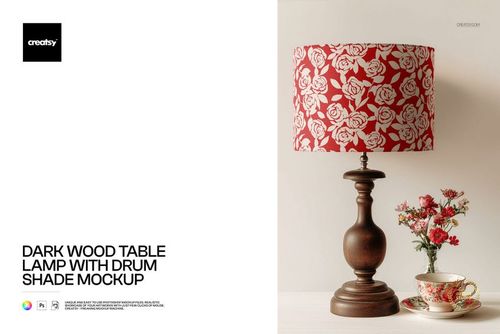 Dark wood table lamp mockup featuring a red floral patterned drum shade, shown with a teacup and small bouquet.