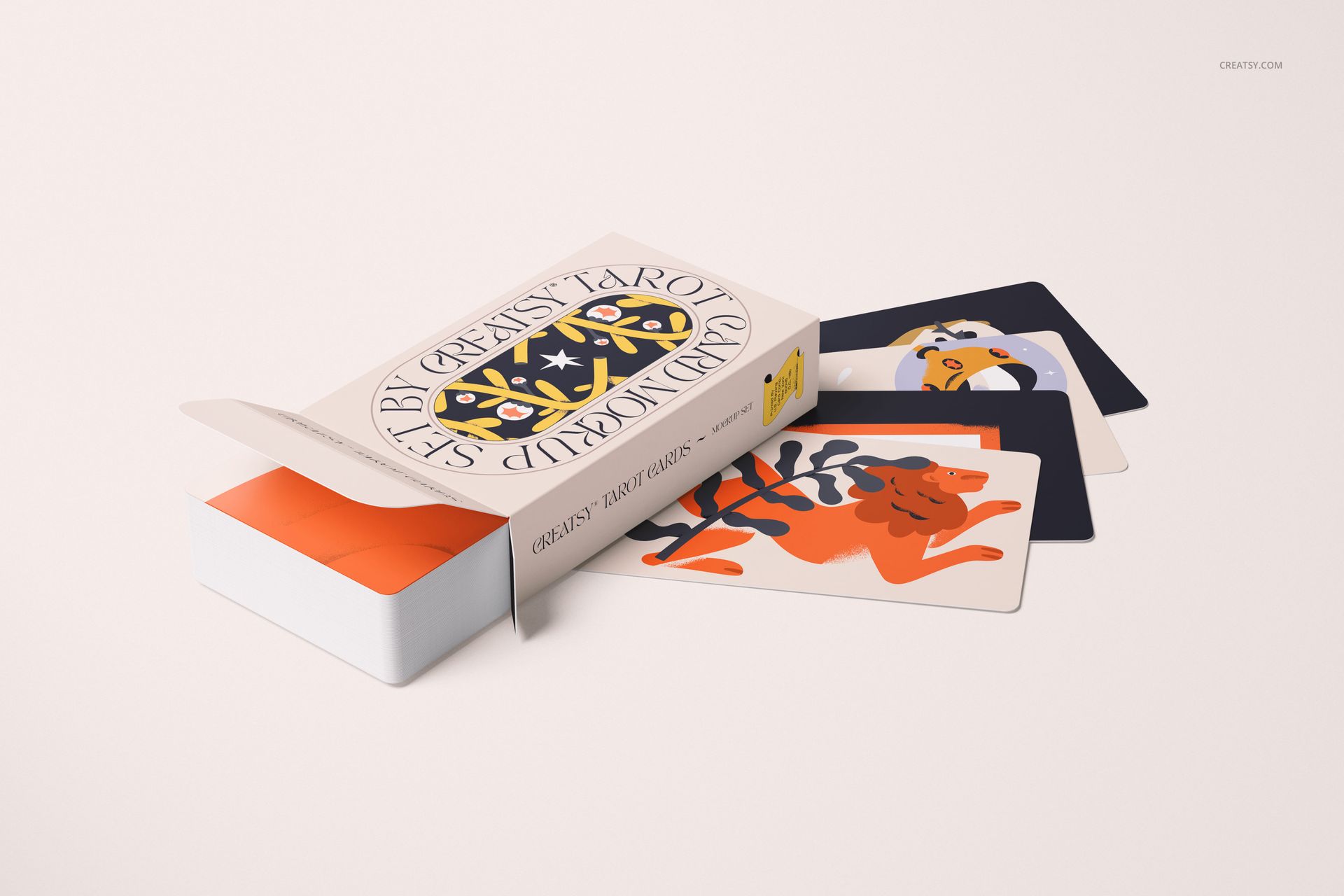 Front view of tarot cards mockup with box partially open, revealing colorful illustrated cards and simple background.