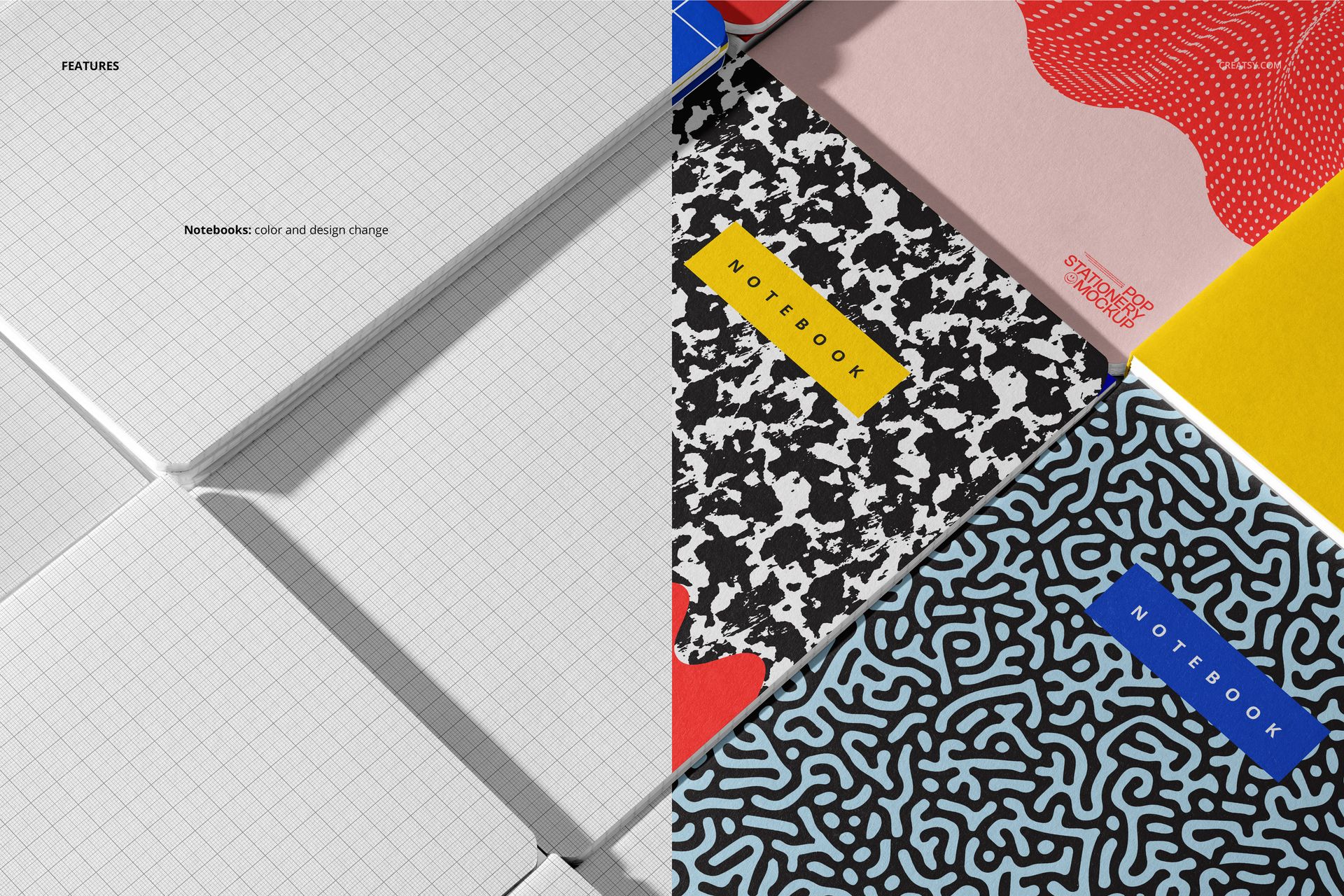 PSD mockup showing multiple notebooks arranged side by side, featuring colorful and monochrome cover patterns.