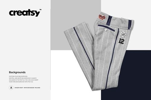 Gray striped baseball pants mockup shown folded, featuring navy trim and button details on a color-blocked backdrop.