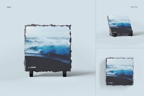 Front and angled views of a rectangular rock slate mockup with a blue ocean wave design on a light background.