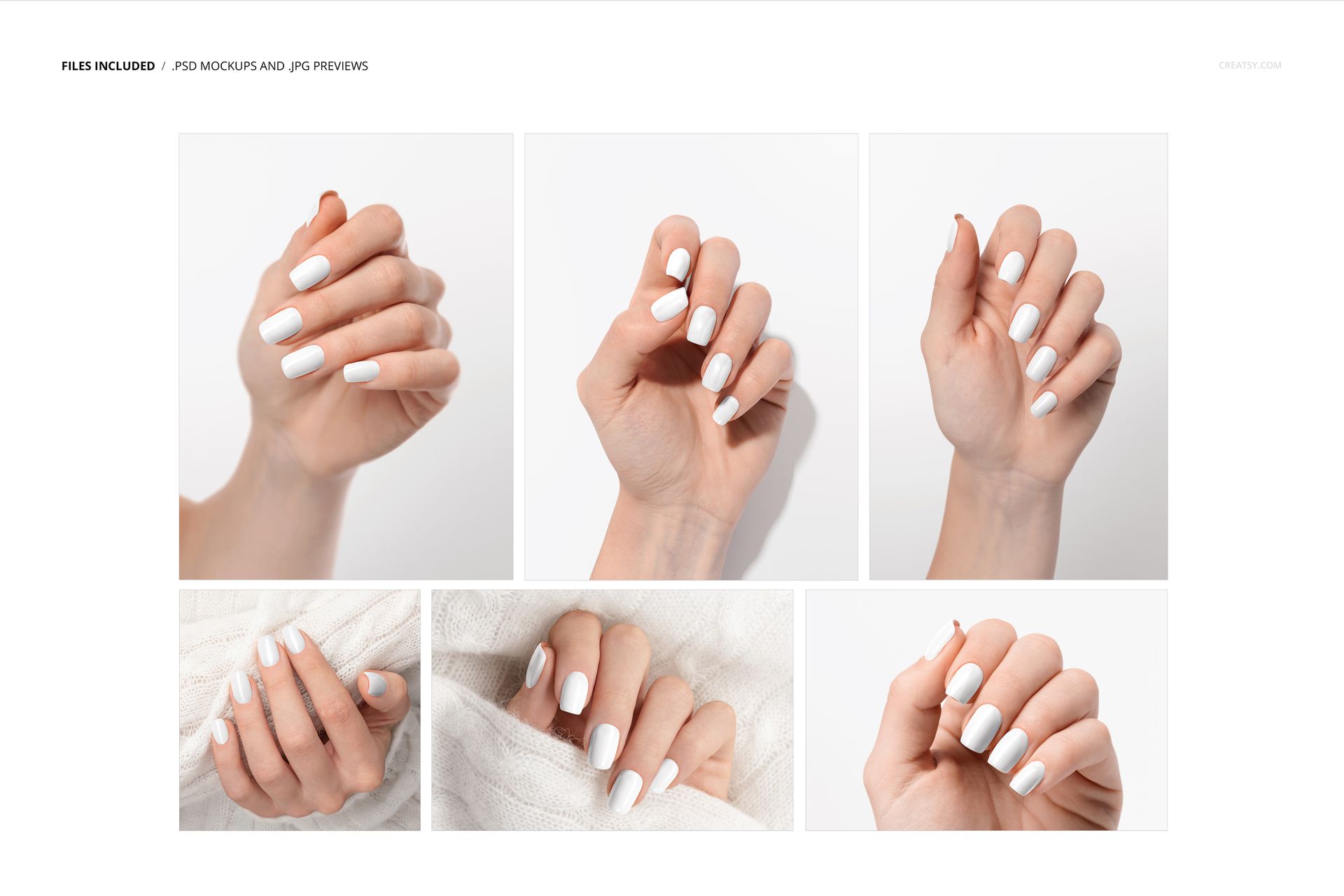 Squoval nails mockup featuring five hands with white nail polish, shown from various angles on a white background.
