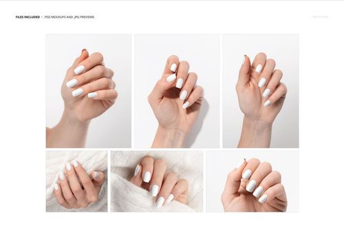 Squoval nails mockup featuring five hands with white nail polish, shown from various angles on a white background.