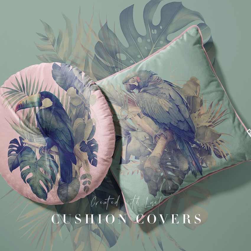 Square and round velvet cushion mockup featuring tropical bird illustrations on pastel backgrounds with leaf patterns and piping.