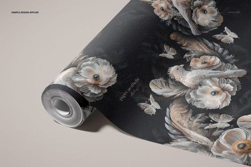 Front view of a non-woven vinyl wallpaper mockup with beige flowers, birds, and butterflies on a dark background.