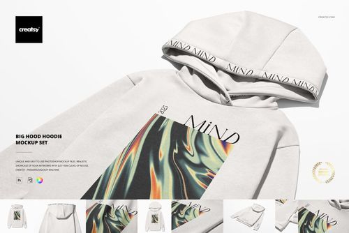 PSD mockup of a light beige oversized hoodie with a large hood, abstract multicolor print, and visible text details.