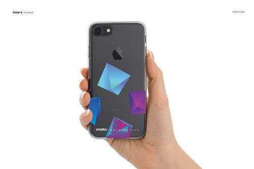 iPhone 7 clear case mockup displayed in hand, showing abstract blue and purple polygon designs on the back.