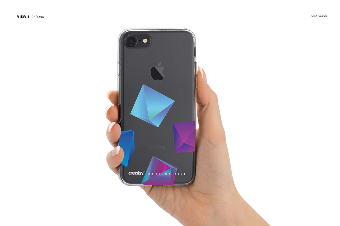 iPhone 7 clear case mockup displayed in hand, showing abstract blue and purple polygon designs on the back.