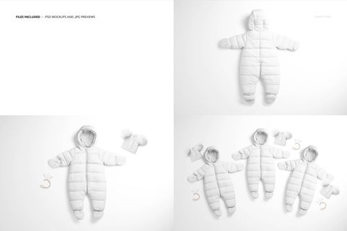 White baby snowsuit mockup displayed in three arrangements, including front view and flat lay with accessories.