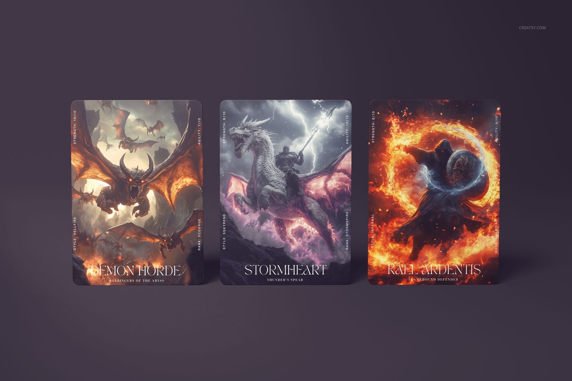PSD mockup of three rectangular trading cards with rounded corners, each showcasing vivid fantasy-themed designs.