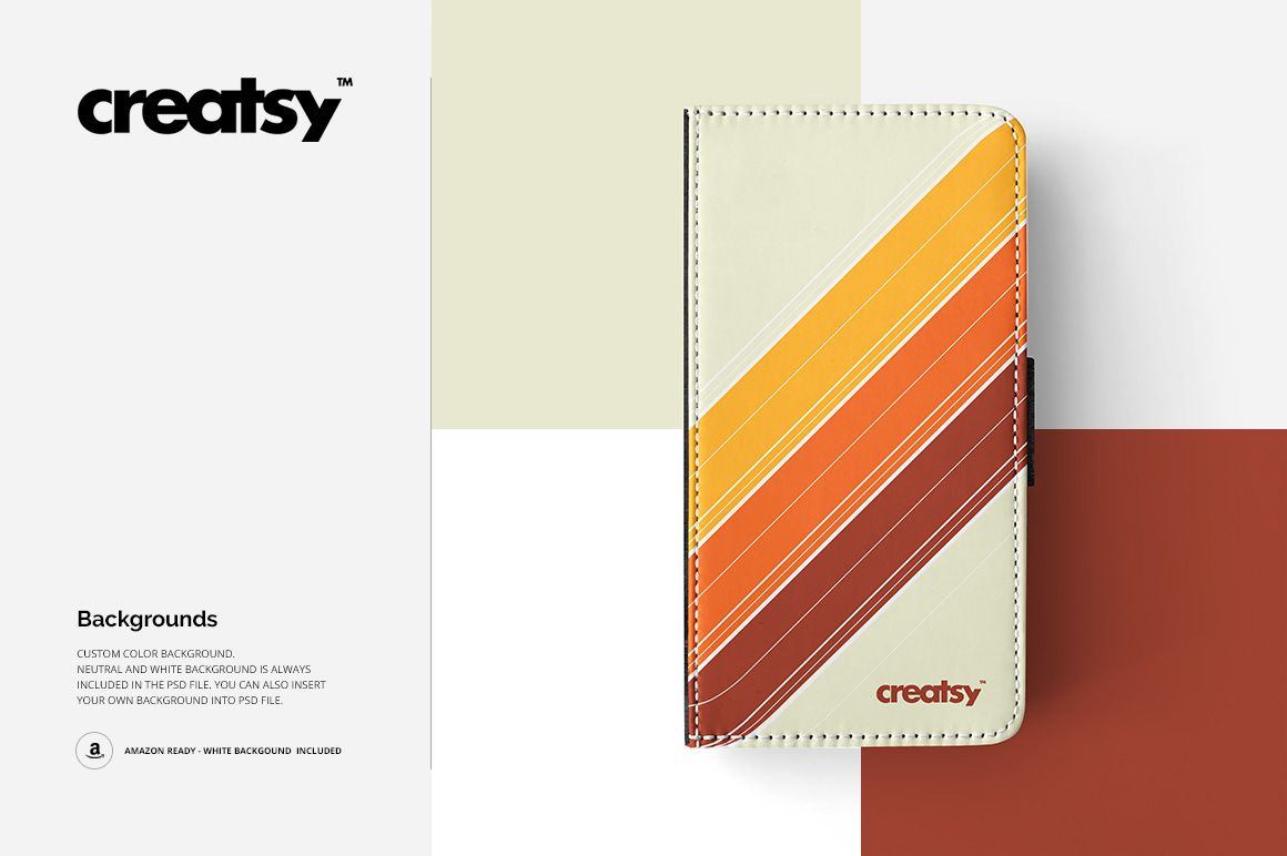 Front view of a foldable phone case mockup featuring bold diagonal stripes in orange, yellow, and brown on a white surface.