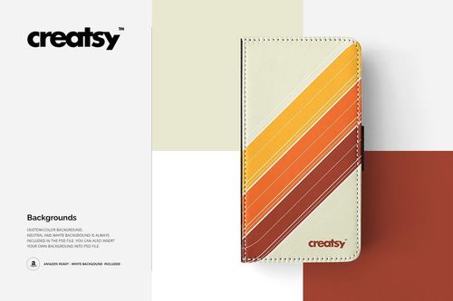 Front view of a foldable phone case mockup featuring bold diagonal stripes in orange, yellow, and brown on a white surface.