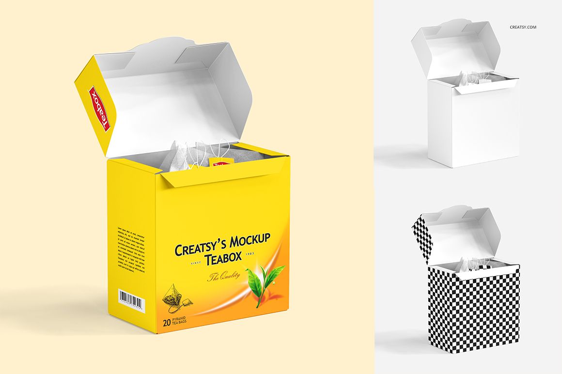 Front view of three tea box mockups, one in bright yellow, one plain white, and one with a black checkered pattern, all open with tea bags inside.