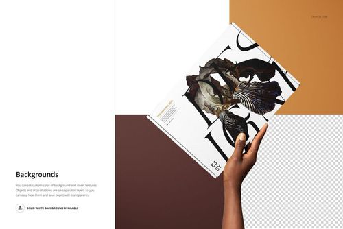 Rectangular mailing box mockup held by a hand, featuring abstract artwork and large text on a white background.