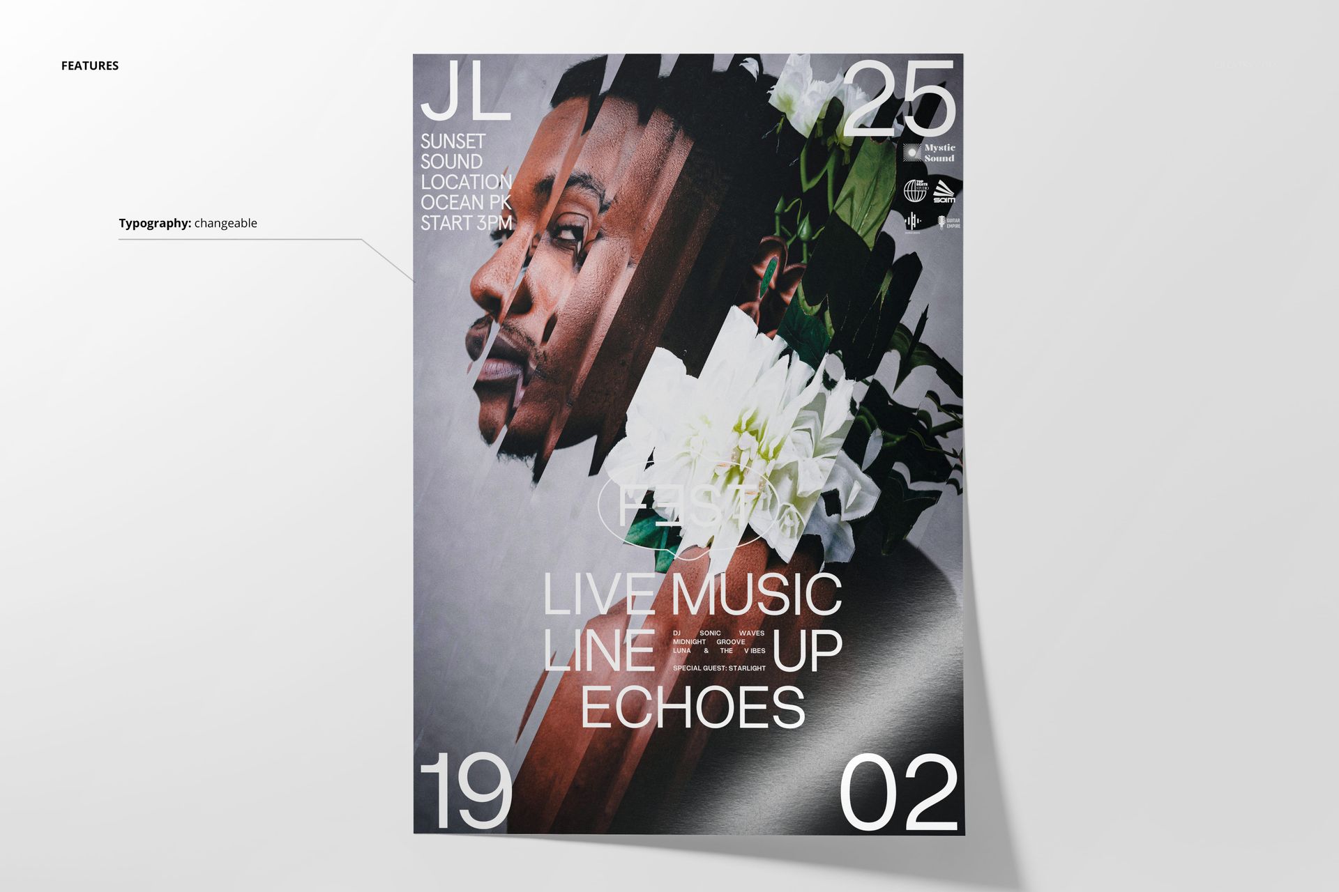 Front view of a poster mockup featuring abstract orchid flower graphics, bold white text, and geometric elements on a gray background.