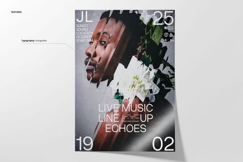 Front view of a poster mockup featuring abstract orchid flower graphics, bold white text, and geometric elements on a gray background.