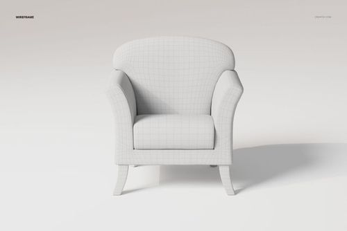 Front view of a single seater sofa chair 3D model in white with visible wireframe grid pattern on a plain background.
