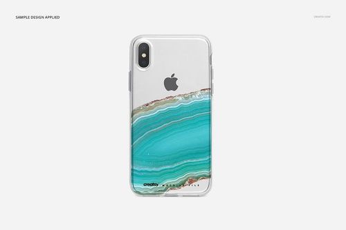 iPhone X clear case mockup featuring a silver phone and a blue-green mineral design, displayed from a rear view.