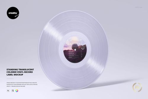 Front view of a colored vinyl record mockup with a clear finish and scenic label, set against a minimal backdrop.