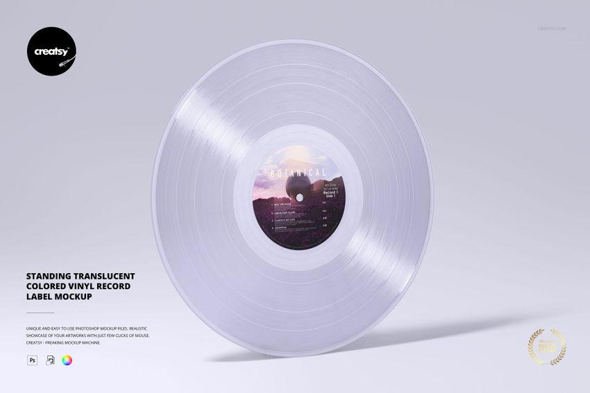 Front view of a colored vinyl record mockup with a clear finish and scenic label, set against a minimal backdrop.