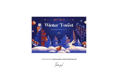 Heart-shaped chocolate box mockup with a winter forest design, featuring stylized animals and trees in blue and orange tones.