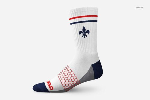 PSD mockup of a white athletic sock featuring navy accents, red honeycomb pattern, and fleur-de-lis design, displayed in profile.