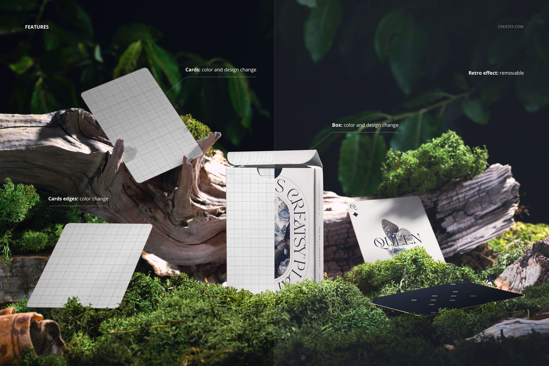 Nature inspired playing cards mockup with grid design, box and cards displayed on mossy wood with green foliage.