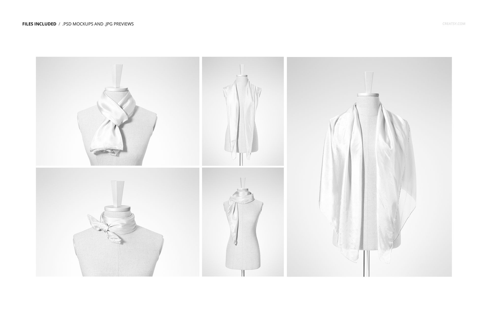 White habotai silk scarf displayed on a mannequin in five different styles, shown in a fashion mockup set.