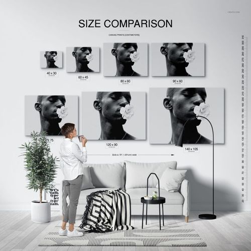 Canvas print size comparison mockup set displayed on a white wall above a modern sofa, showing multiple canvas sizes.