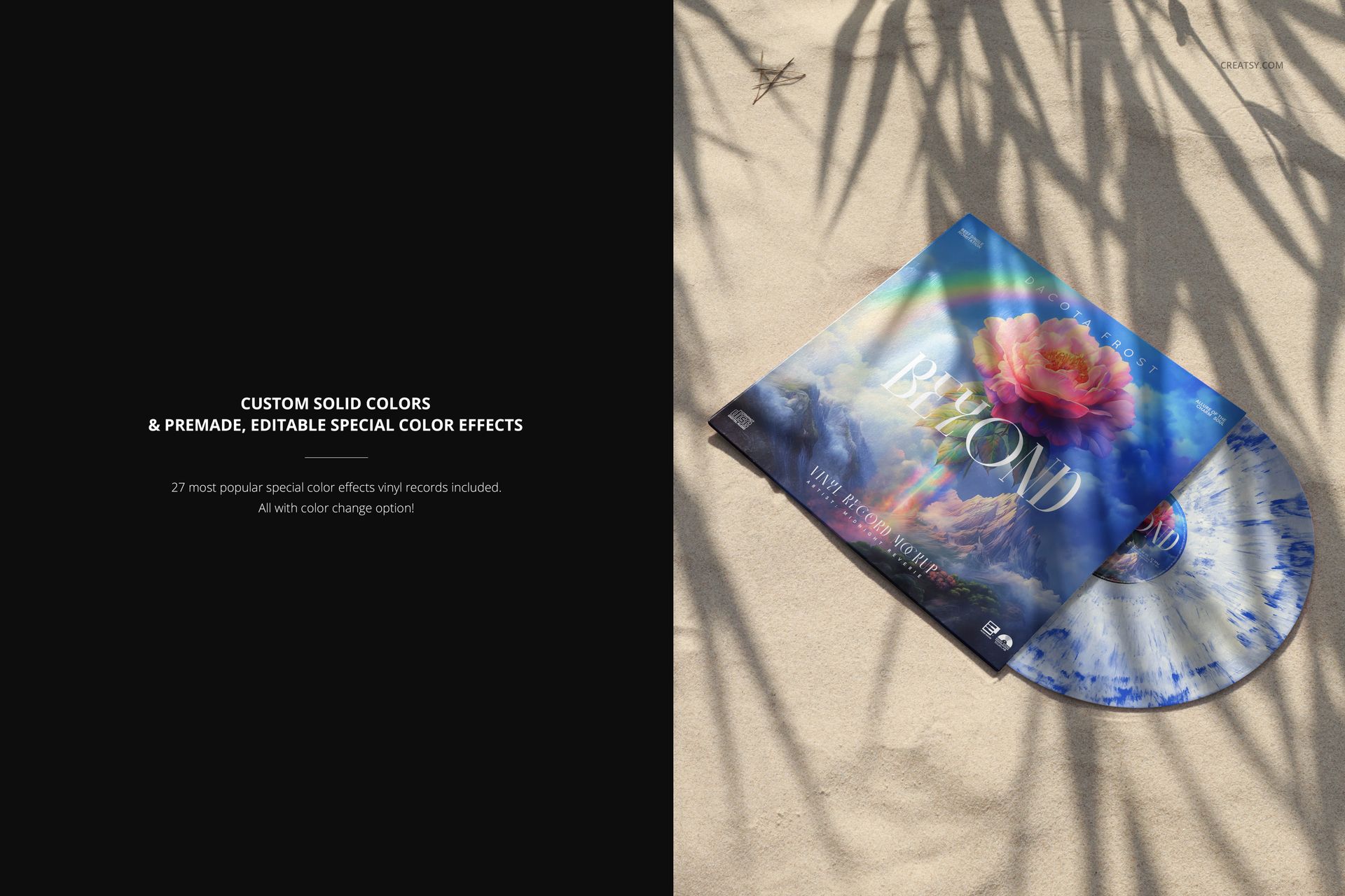 PSD mockup showing a vinyl record and album cover on light sand, surrounded by shadowy leaves in a relaxed outdoor scene.