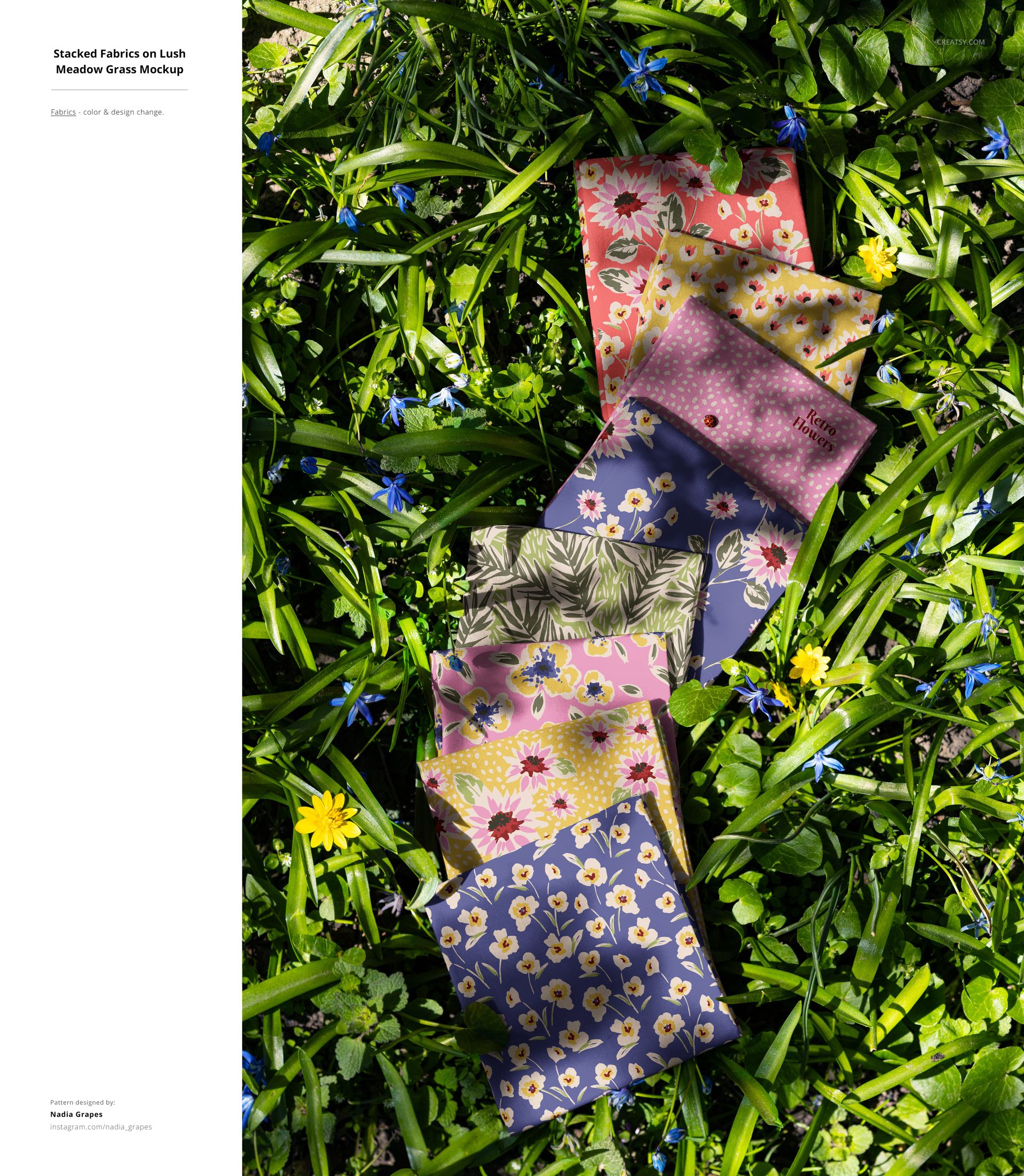 Outdoor scene showing six fabric samples with floral and leaf designs laid out on vibrant meadow grass, PSD mockup.