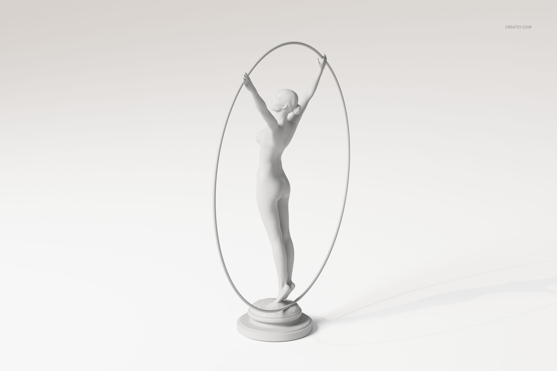 Front view of a classical woman sculpture in matte white, standing on a round base and framed by a large oval ring.