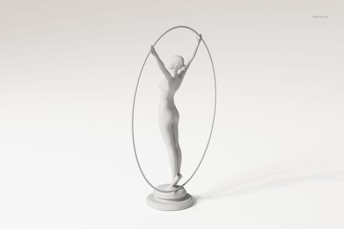 Front view of a classical woman sculpture in matte white, standing on a round base and framed by a large oval ring.